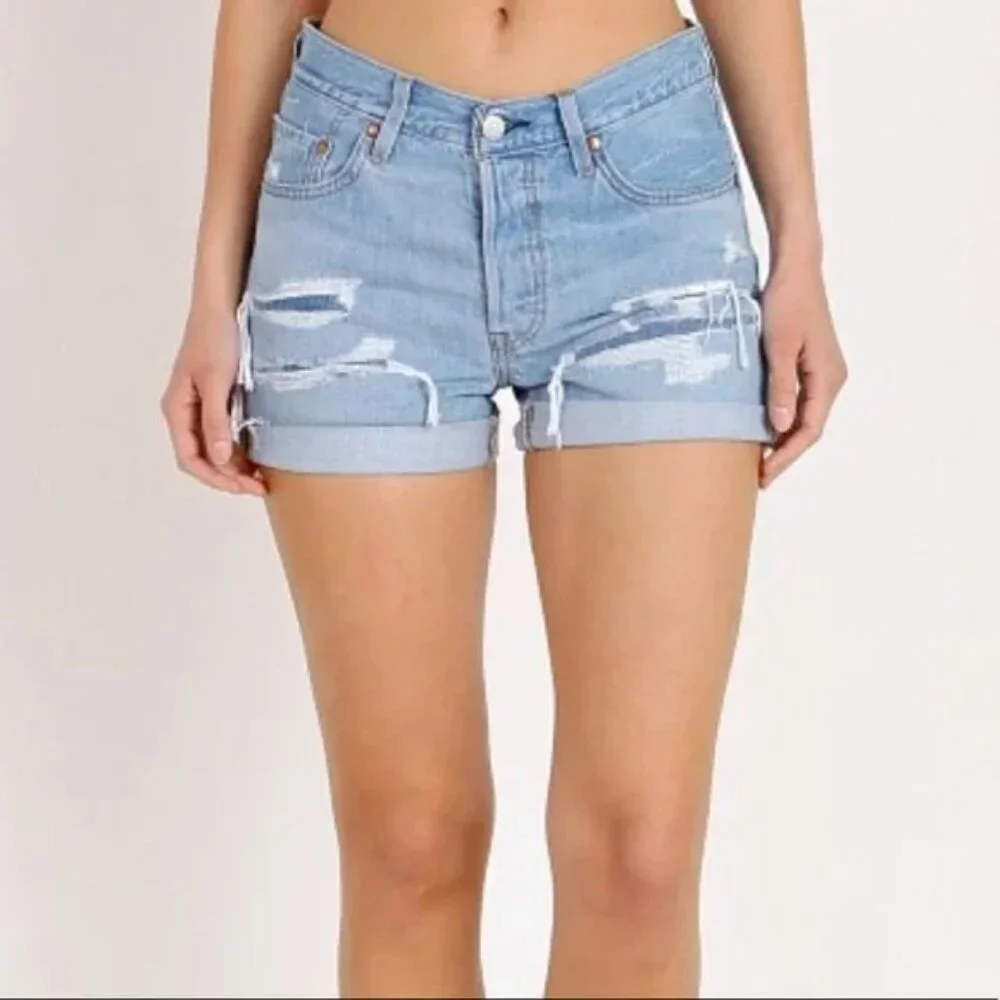 Levi's 501 Premium Big E Long Denim Distressed Short Size 25